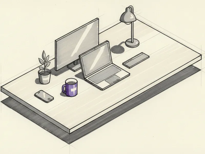 Markerzeichnung eines Schreibtischs von oben mit Laptop, Monitor, Tastatur, Telefon und Lampe in Grau und einer einzelnen violetten Kaffeetasse