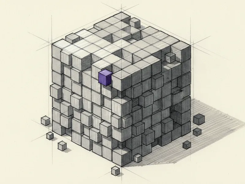 Markerzeichnung eines großen Würfels aus vielen kleinen modularen Blöcken, einer davon violett, an den Rändern lösen sich einzelne Blöcke