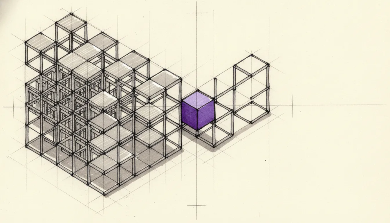 Isometrisches Architekturmotiv in Markerzeichnung: helle Plattformen auf dunklen Stützen, ein einzelnes Element in Violett