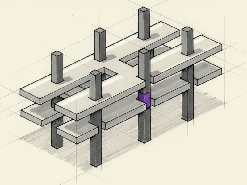 Markerzeichnung waagerechter Platten und senkrechter Pfeiler, die einander als ein verschränktes Tragwerk durchdringen, mit einem violetten Block an einem Knotenpunkt
