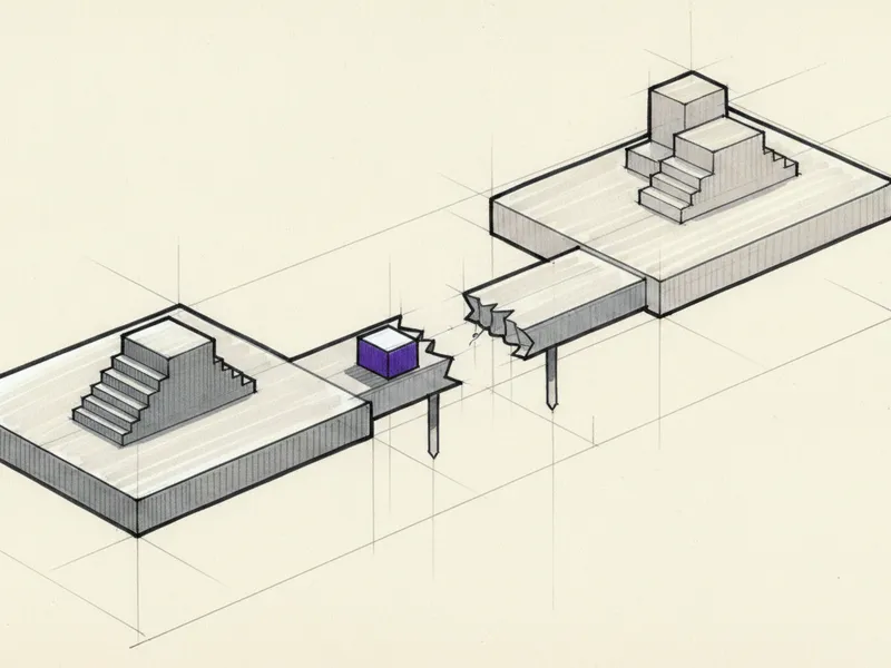 Markerzeichnung einer kleinen und einer größeren Plattform, verbunden durch eine Brücke, die in der Luft abbricht, mit einem violetten Block an der Bruchkante